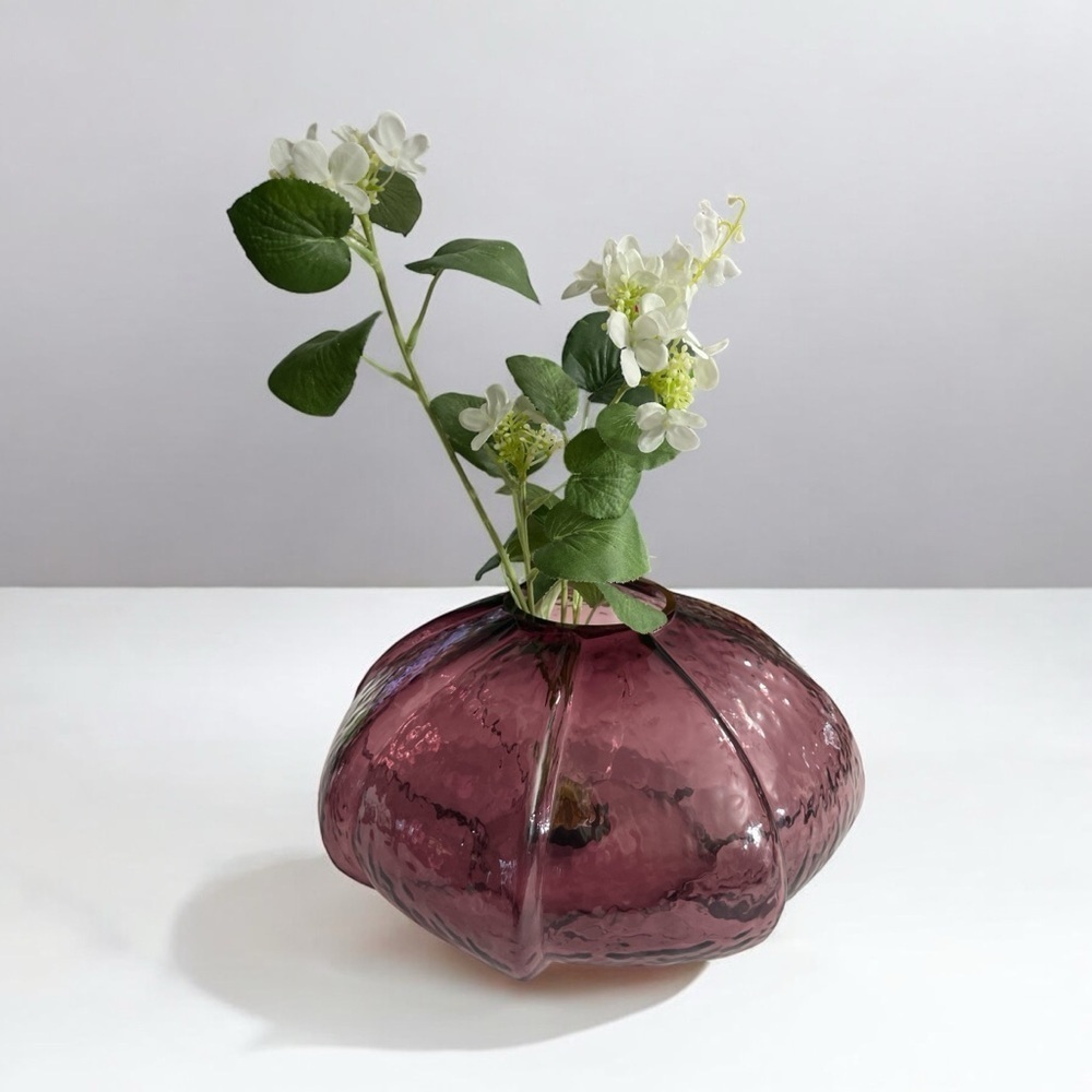 Large Elegant Purple round Ribbed Glass Vase. 6” Tall and 25” all way around. - Picture 2 of 10